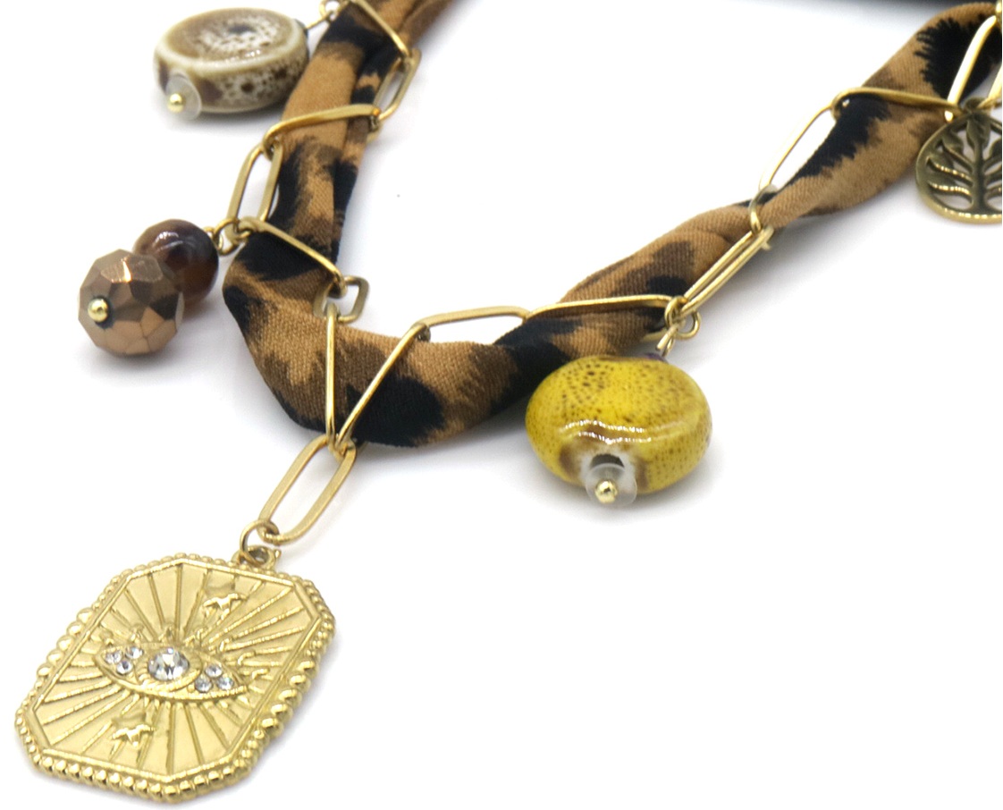 C-A22.3 N098-005 S. Steel Necklace Loopard Fabric with Charms