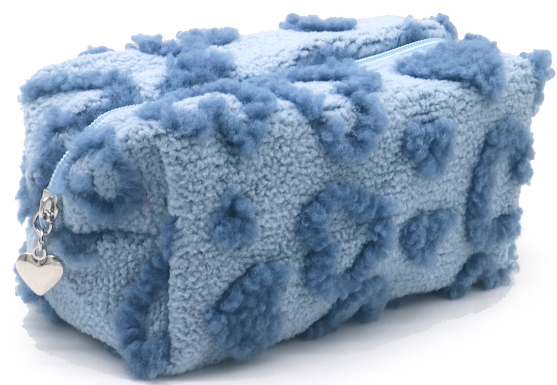 Q-N6.1 BAG1015-003-1 Make Up Bag Fluffy Hearts 18x11x7cm Blue