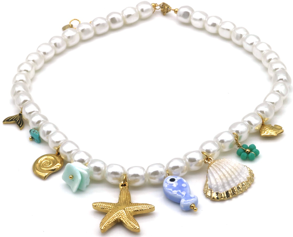 G-F25.2 N1036-002 Pearl Necklace S. Steel Charms Sealife 40-45cm