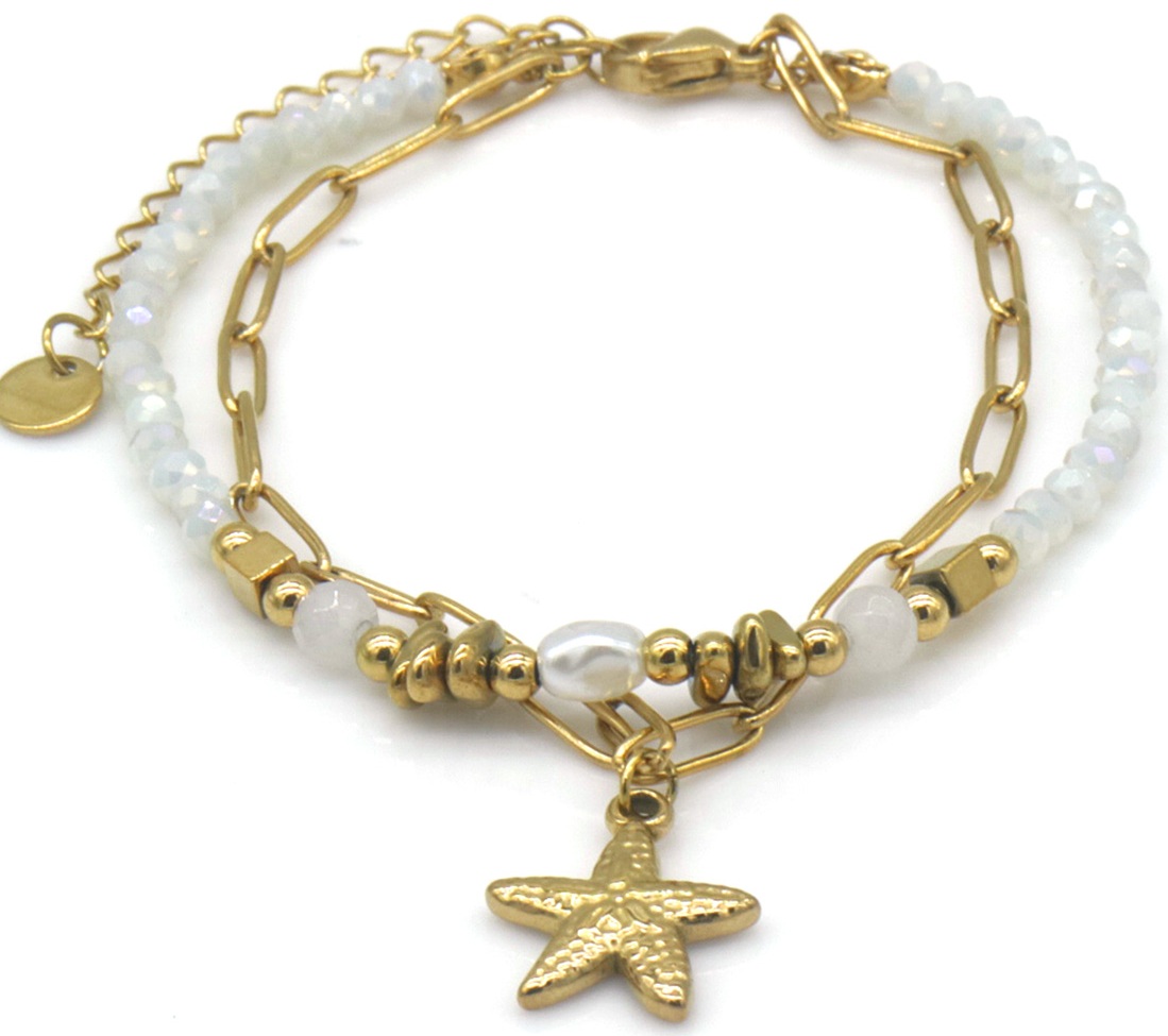D-B18.1 B2539-033-2 S. Steel Bracelet Glassbeads Starfish White