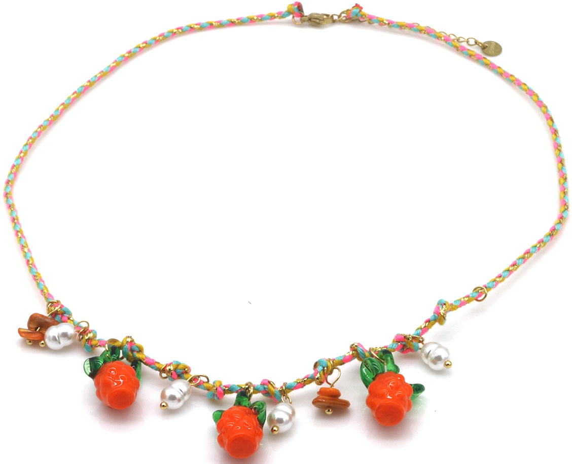 F-B21.1 N1036-011-3 Rope Necklace S. Steel Glass Fruit Charms