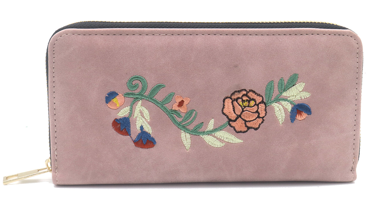 R-B3.1 WALLET1019-002-2 Pu Wallet Flower Embroidery 20x10x2.5cm Pink