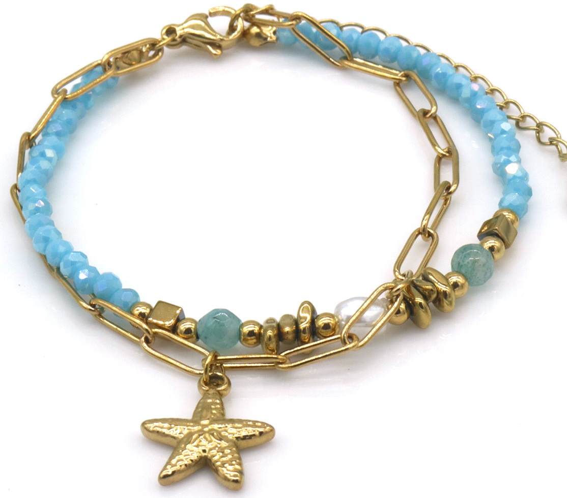 D-B17.4  B2539-033-3 S. Steel Bracelet Glassbeads Starfish Blue