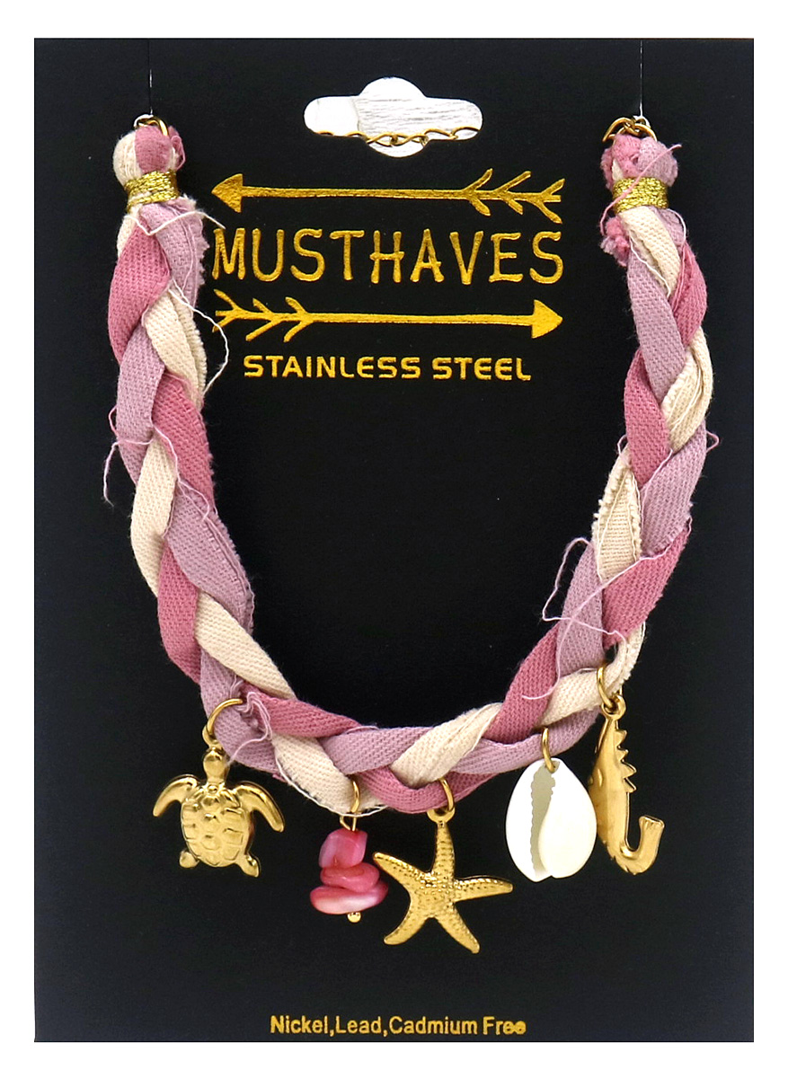 J-F8.3  B221-504-7 Rope Bracelet S. Steel Charms 16-21cm Pink