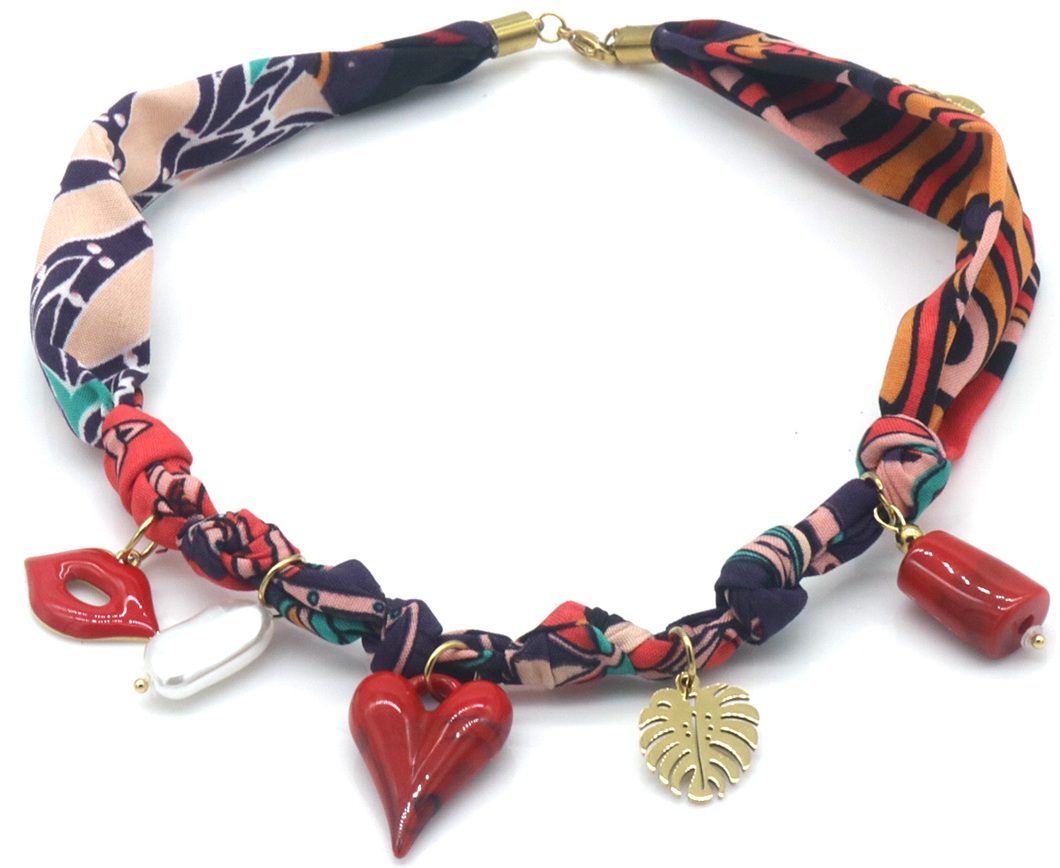 E-A10.2 N098-014 Fabric Necklace S. Steel Charms 40-45cm
