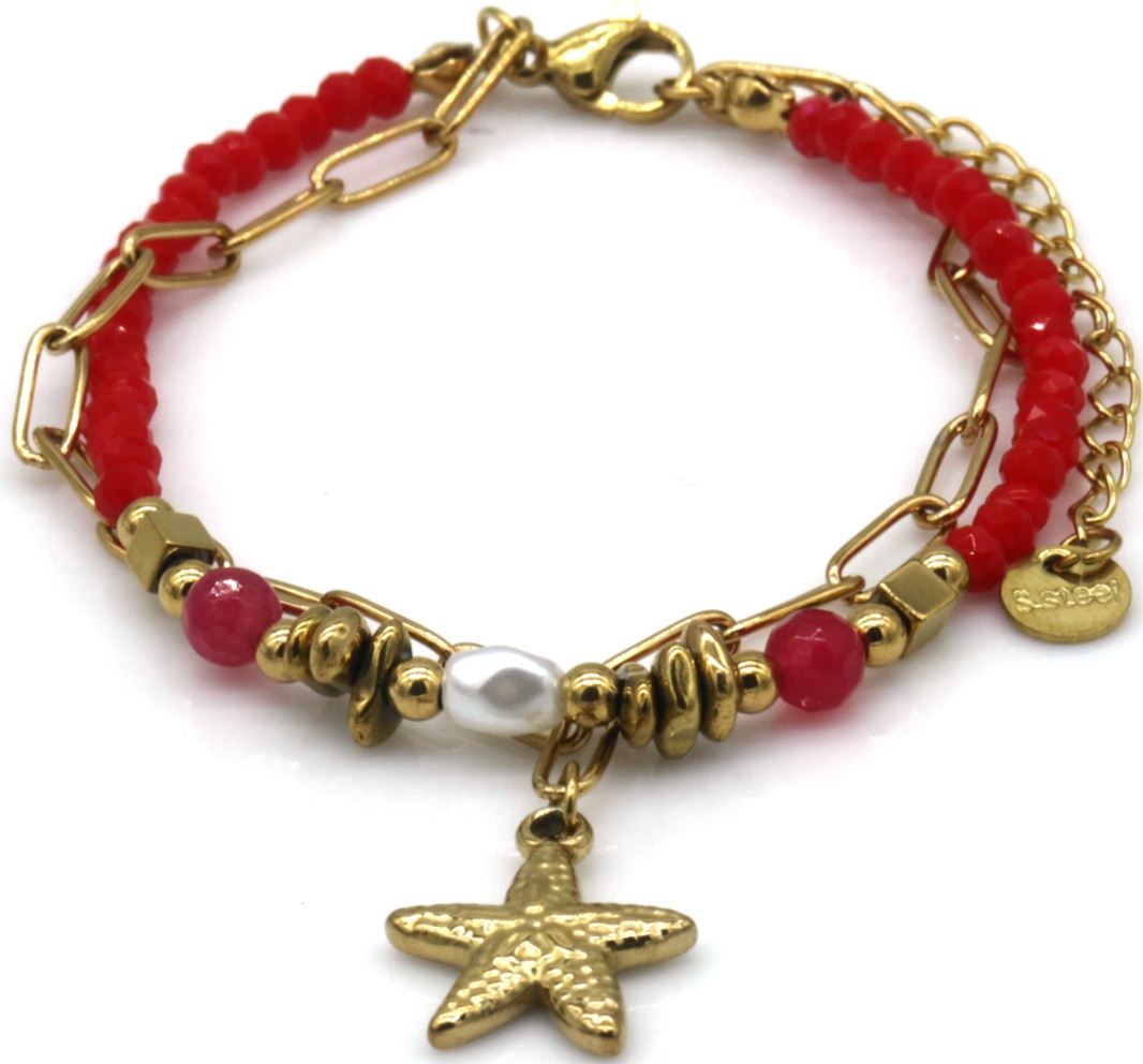 D-A18.4 B2539-033-1 S. Steel Bracelet Glassbeads Starfish Red