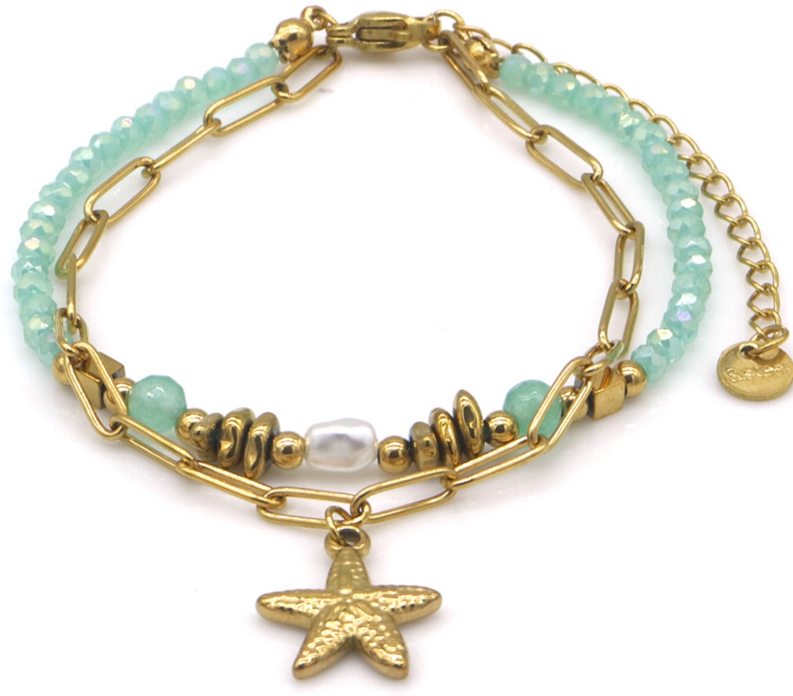 B-A9.1 B2539-033-4 S. Steel Bracelet Glassbeads Starfish Green