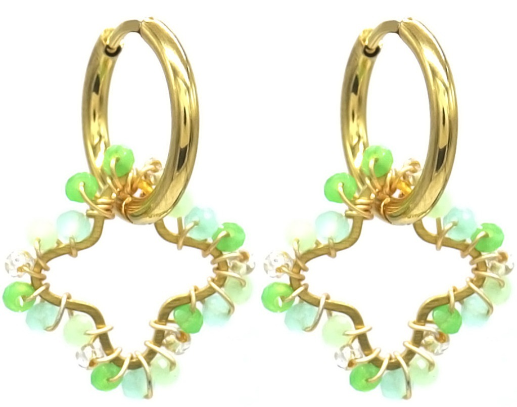C-C5.5 E221-491 S. Steel Earrings Glassbeads Clover 2.6cm Green