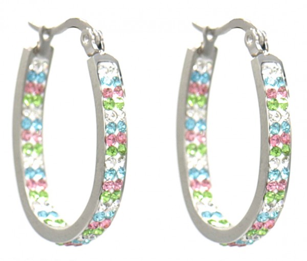A-B15.2 E041-011S S. Steel Earrings Double Crystals 2.8cm Multi
