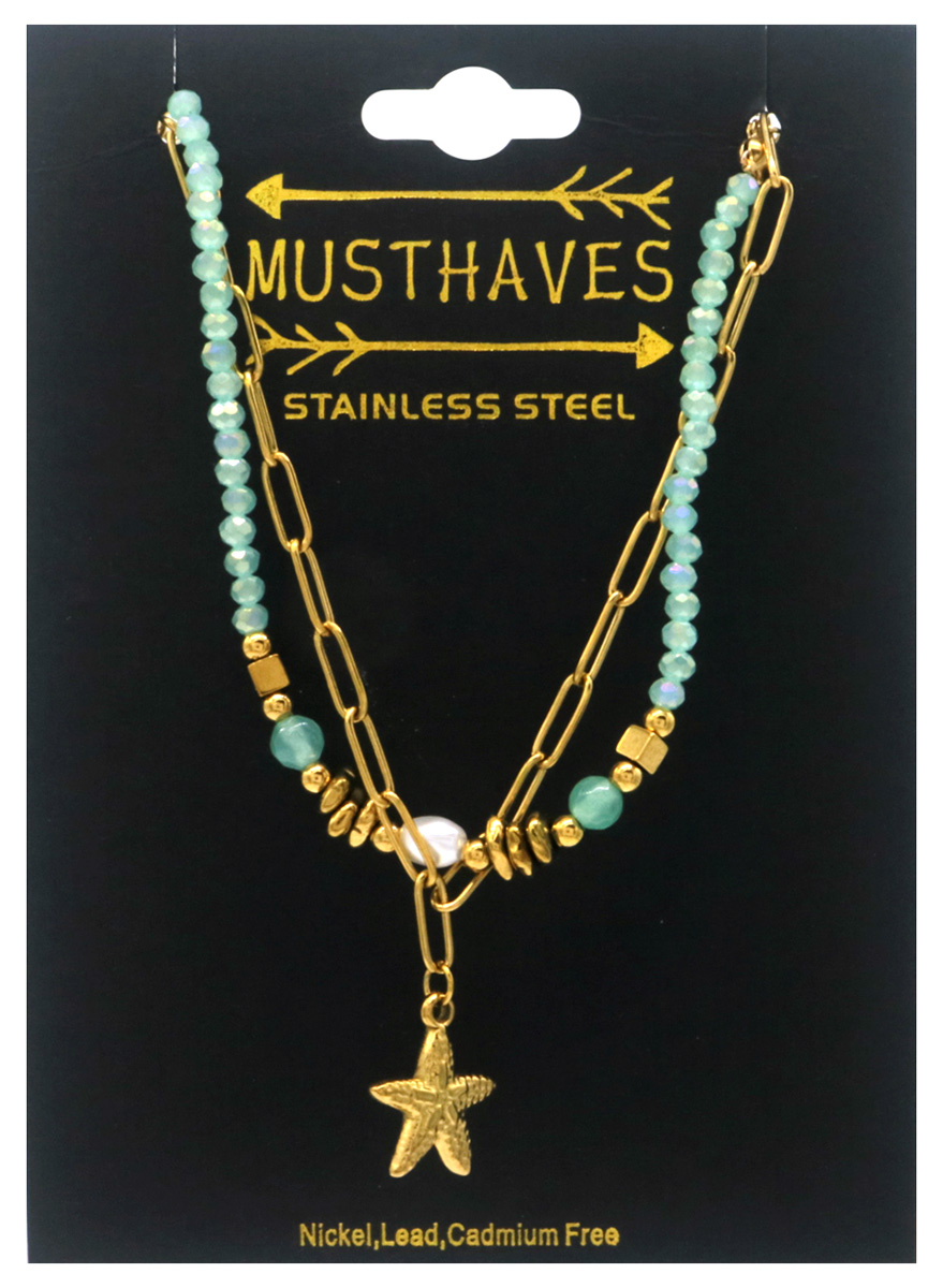 B-A9.1 B2539-033-4 S. Steel Bracelet Glassbeads Starfish Green
