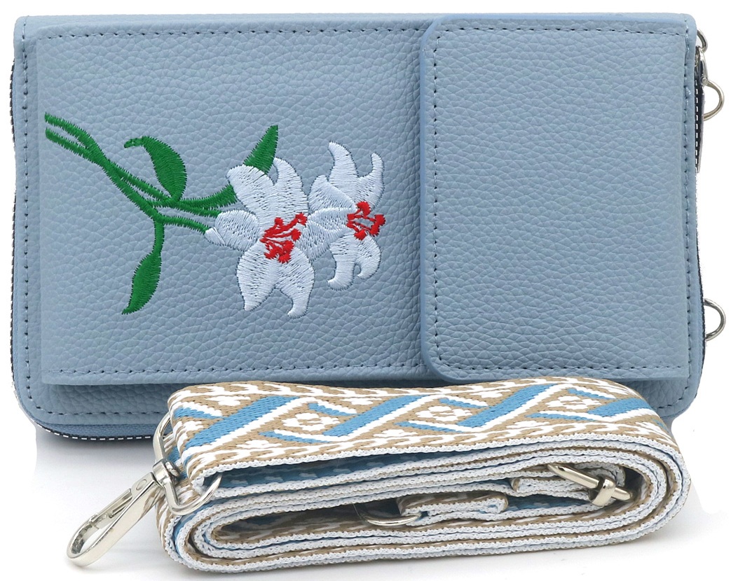 Q-M6.1 BAG1113-001-4 PU Bag Embroidered Flowers 18x10.5x5cm Blue