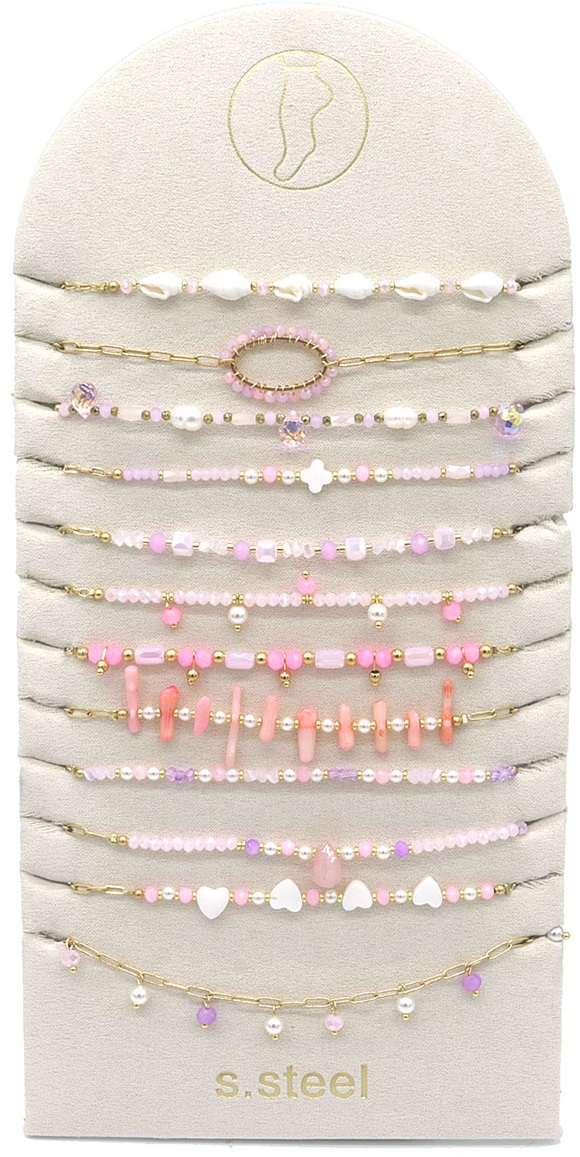 S-B6.4 ANK221-132-4 S. Steel Anklet Set on Display 12pcs - Pink