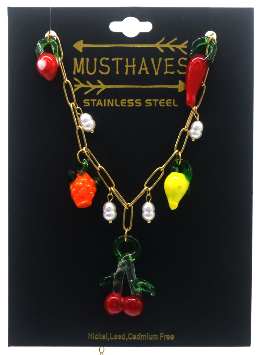 F-D2.1 N1036-013G S. Steel Necklace Glass Fruit Charms 40-45cm