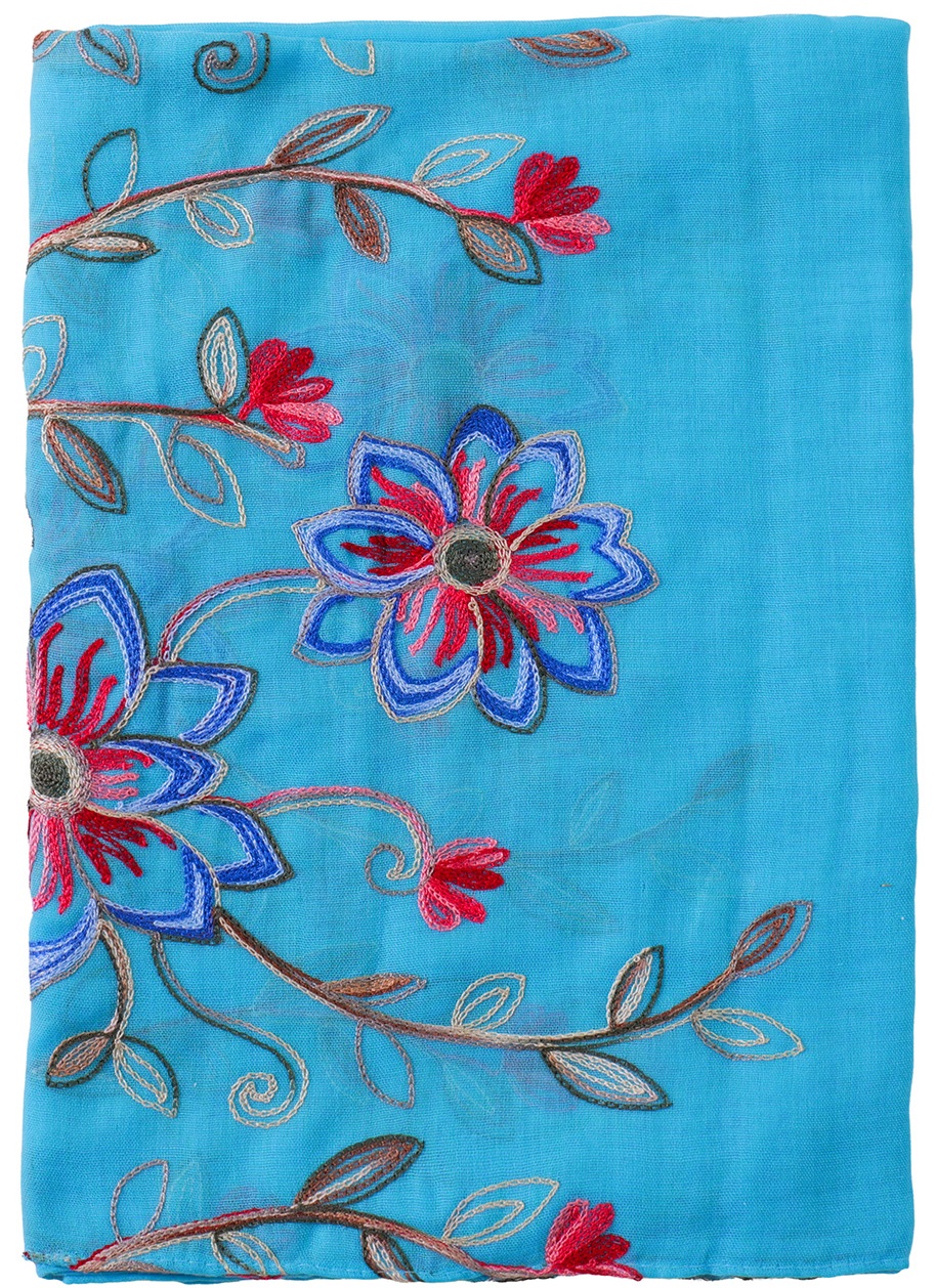 X-Q9.1 SCARF1110-033-6 Scarf Embroidered Flowers 180x70cm - Blue