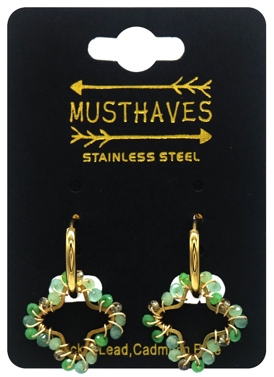 C-C5.5 E221-491 S. Steel Earrings Glassbeads Clover 2.6cm Green