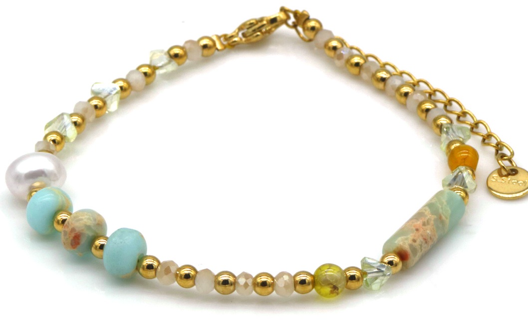 E-D5.4 B2583-026G S. Steel Bracelet Glassbeads - Stone 16-21cm