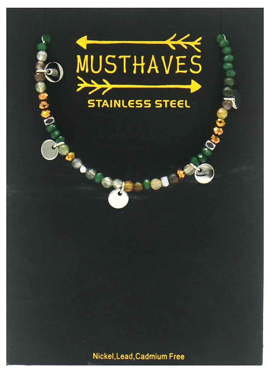 A-D8.3 B010-017S S. Steel Bracelet Coins and Stones Green-Silver