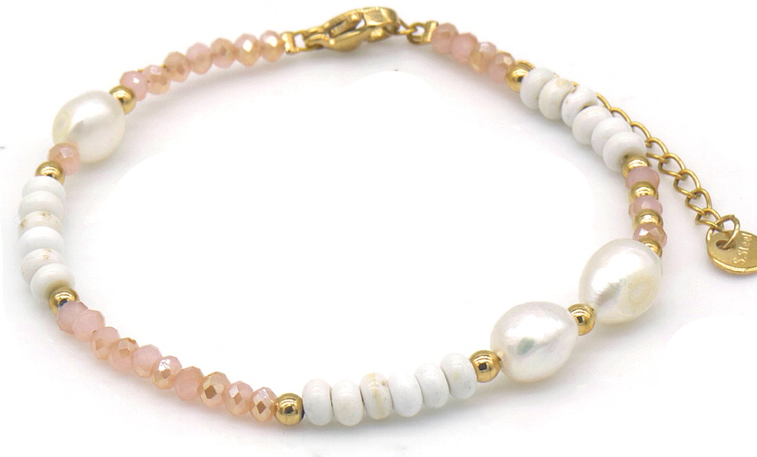 E-C7.2  B2583-025G S. Steel Bracelet Glassbeads - Pearls 16-21cm