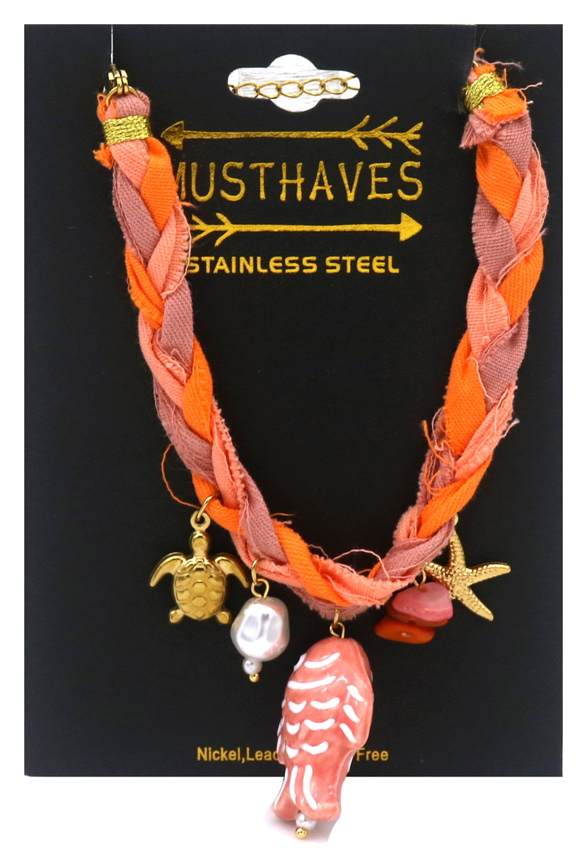 I-E7.3 B221-504-4 Rope Bracelet S. Steel Charms 16-21cm Orange
