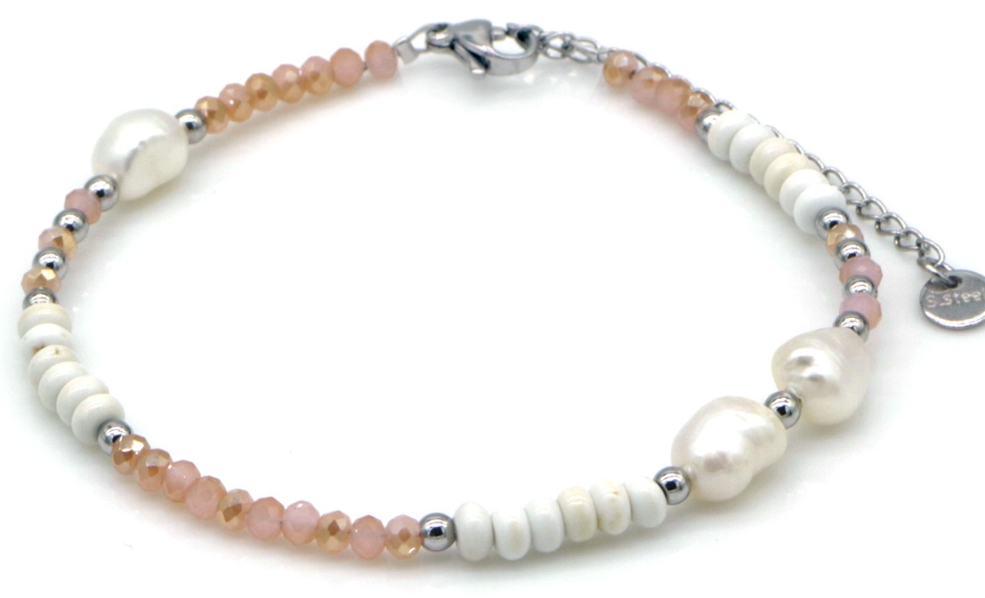 E-D18.5 B2583-025S S. Steel Bracelet Glassbeads - Pearls 16-21cm