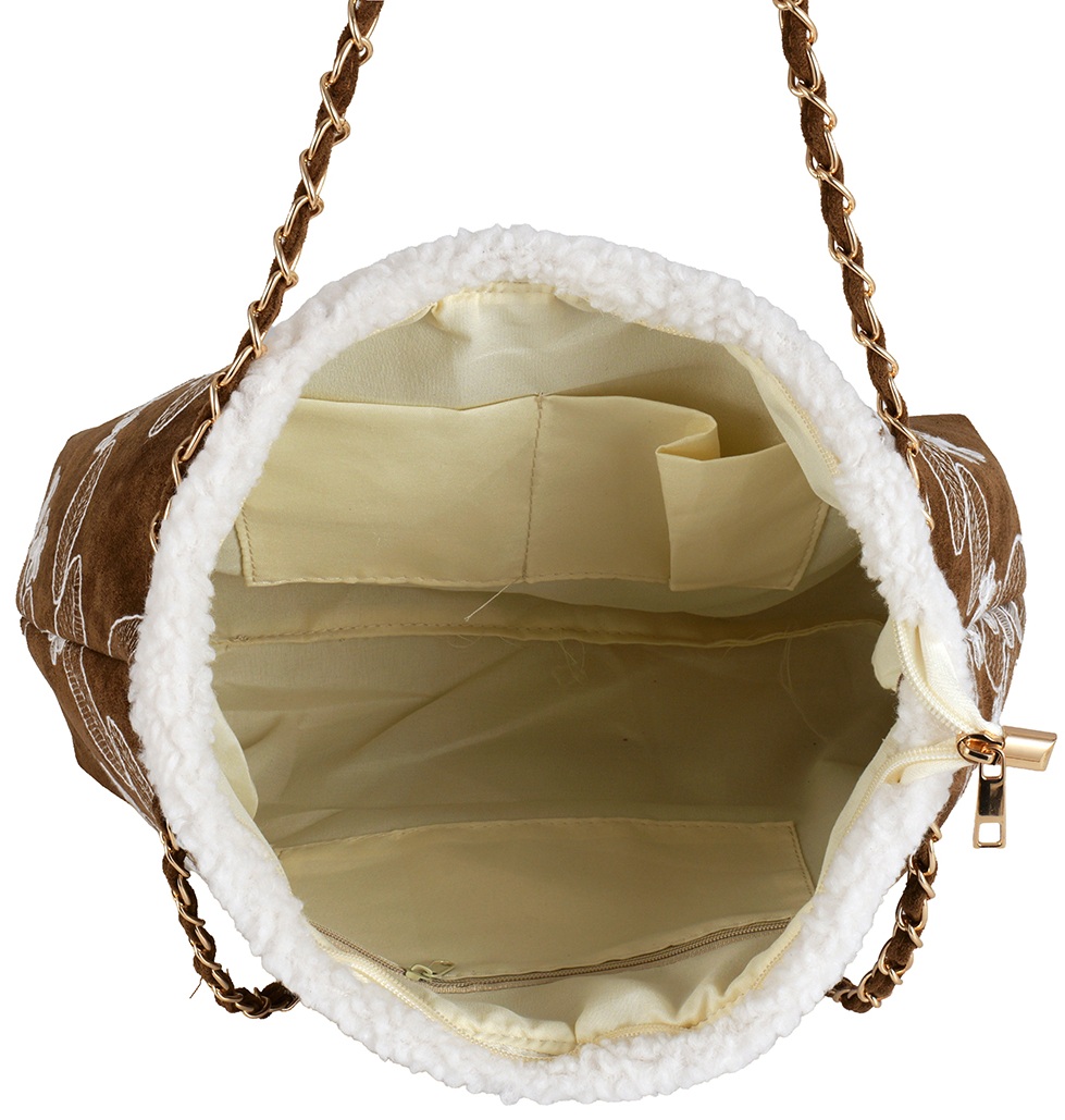 R-L8.2 BAG1021-024-1 PU Bag Embroidered Flowers 40x28x13cm Brown