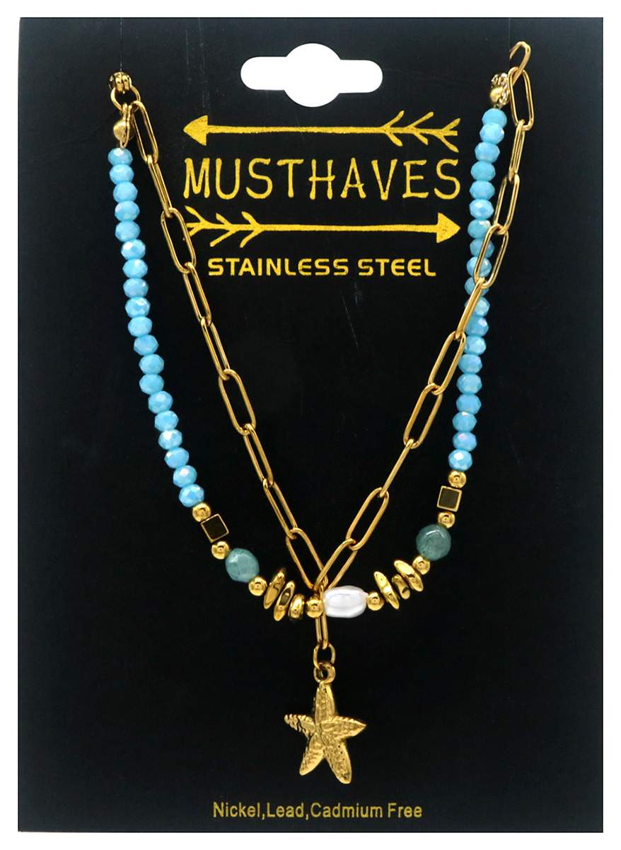 D-B17.4  B2539-033-3 S. Steel Bracelet Glassbeads Starfish Blue
