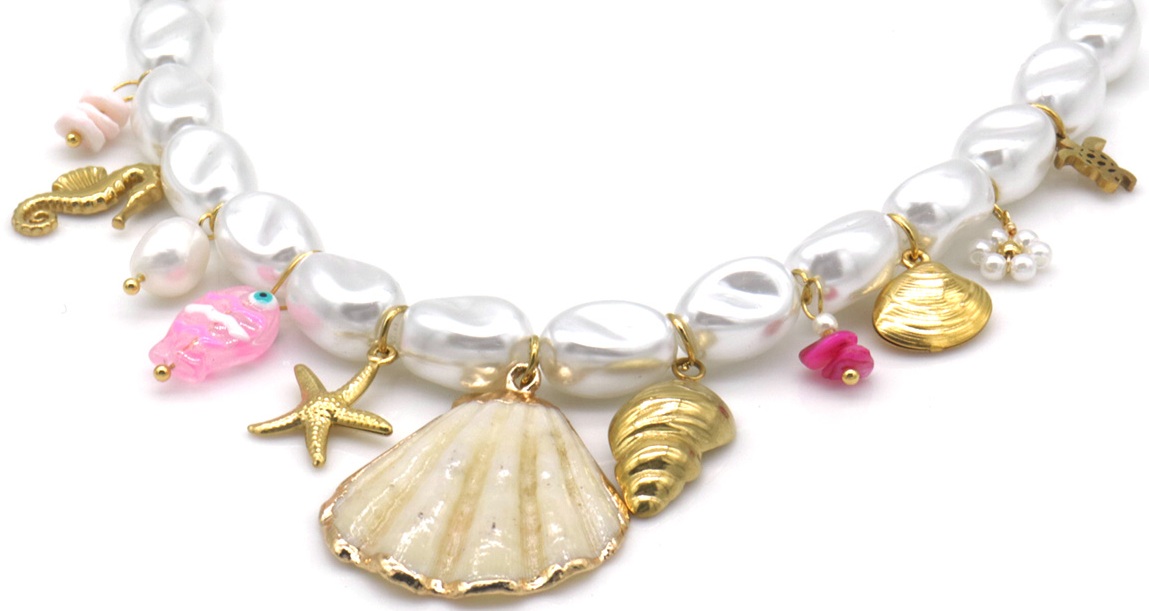 F-F21.1 N1036-001 Pearl Necklace S. Steel Charms Sealife 40-45cm