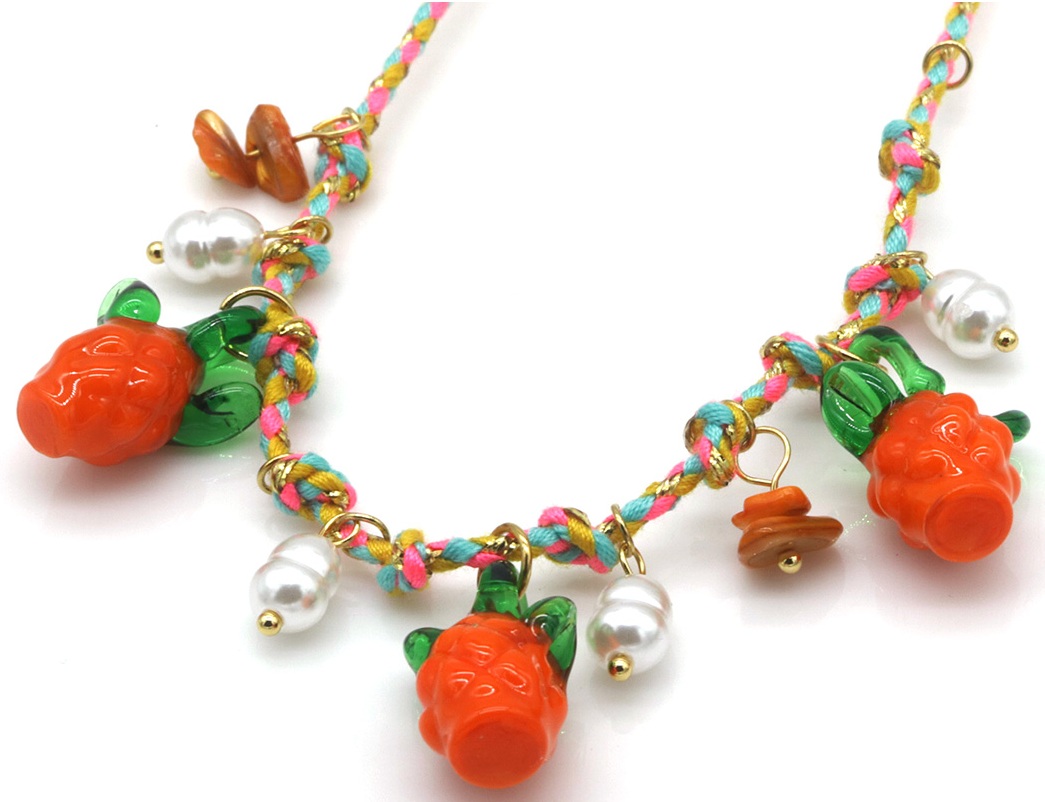 F-B21.1 N1036-011-3 Rope Necklace S. Steel Glass Fruit Charms