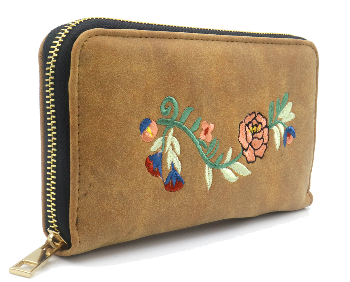 R-O4.2 WALLET1019-002-4 Pu Wallet Flower Embroidery 20x10x2.5cm Brown