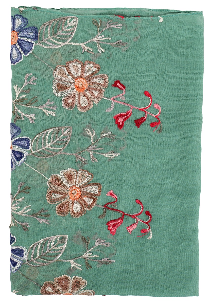 S-A4.2  SCARF1110-005-6 Summer Scarf Embroidered Flowers 180x70cm Green