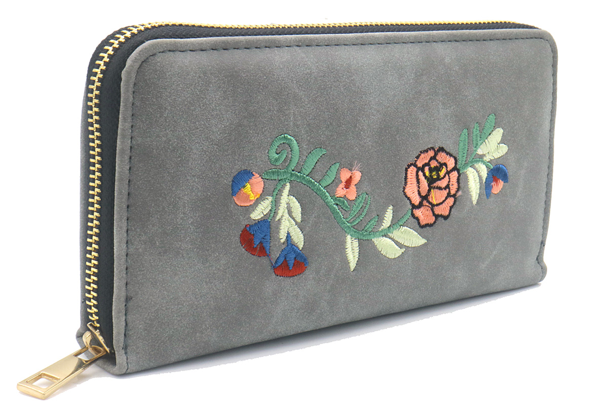 R-A7.2 WALLET1019-002-3 Pu Wallet Flower Embroidery 20x10x2.5cm Grey