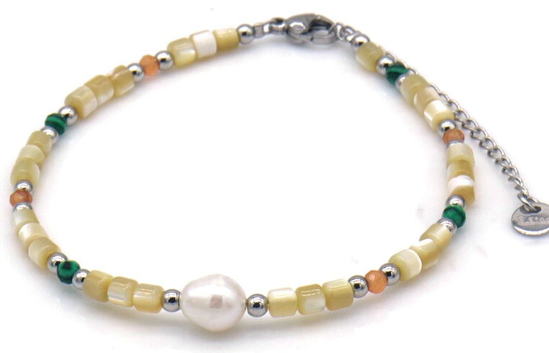 E-E4.2 B2583-028S S. Steel Bracelet Glassbeads - Stone 16-21cm