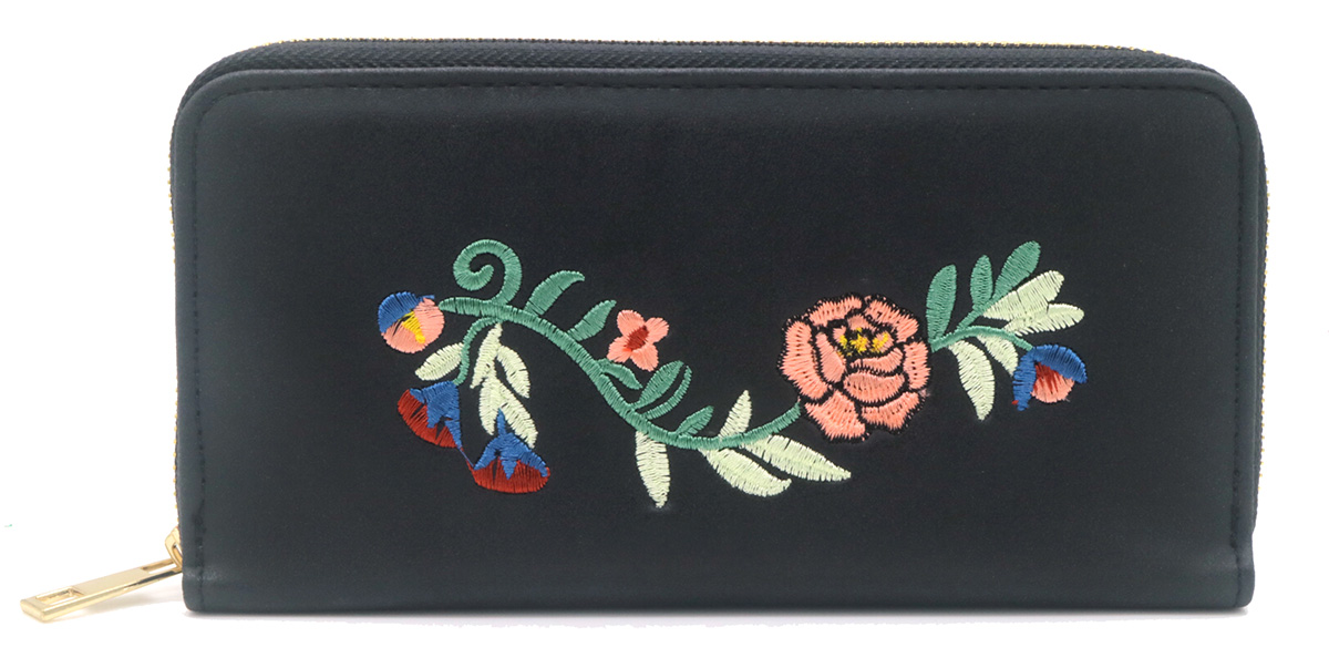 R-K4.2 WALLET1019-002-1 Pu Wallet Flower Embroidery 20x10x2.5cm Black