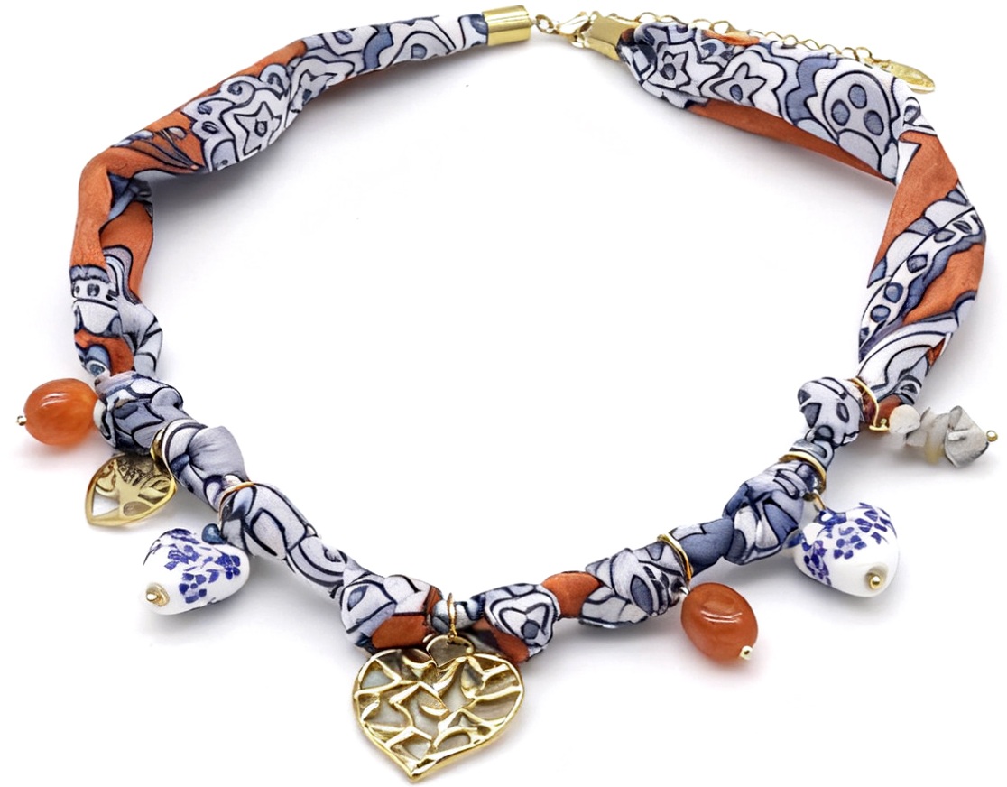 E-A9.1 N098-012 Fabric Necklace S. Steel Charms 40-45cm