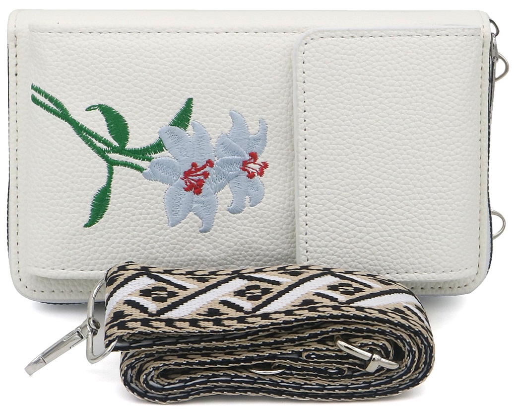 Q-C8.2 BAG1113-001-2 PU Bag Embroidered Flowers 18x10.5x5cm White