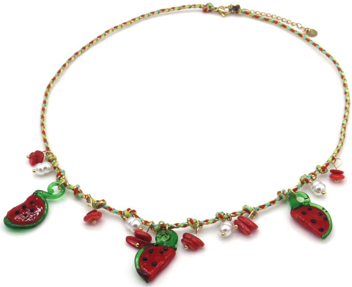 F-C2.2 N1036-011-1 Rope Necklace S. Steel Glass Fruit Charms