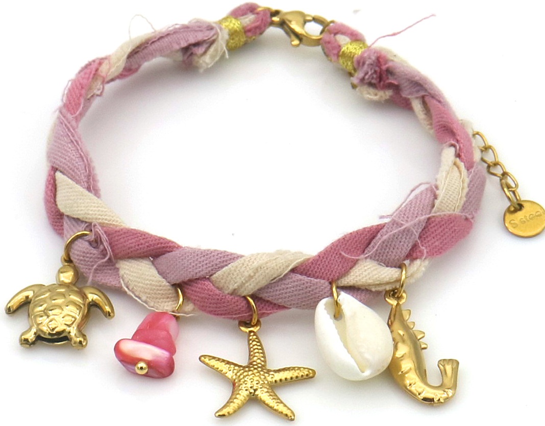 J-F8.3  B221-504-7 Rope Bracelet S. Steel Charms 16-21cm Pink