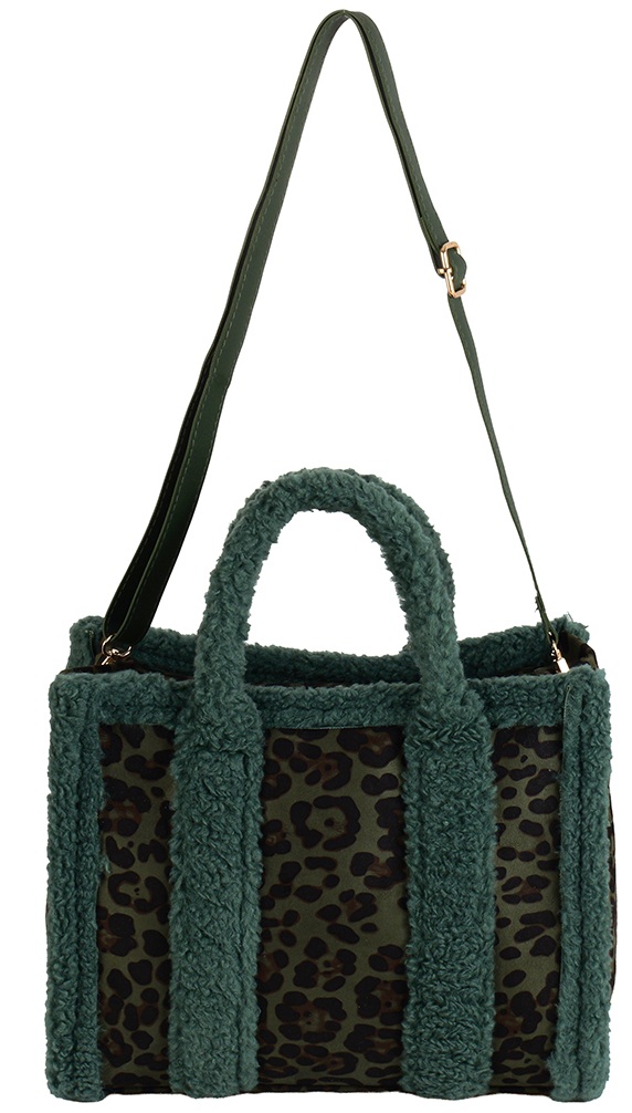 T-D8.1  BAG1021-014-3 Shopper Bag Teddy Leopard 33x26x13cm Green