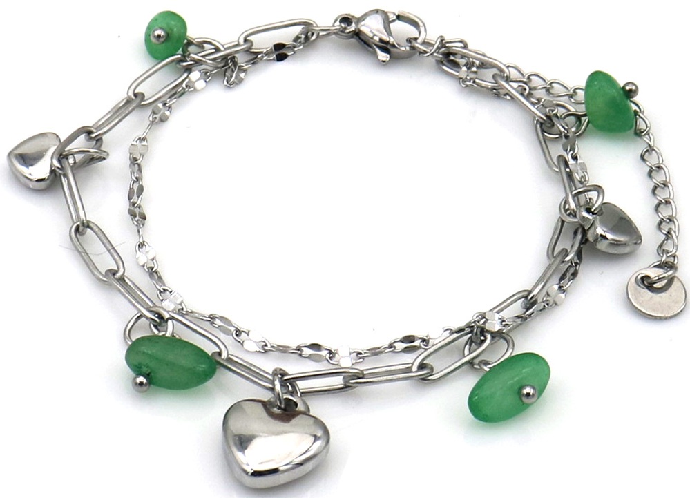 A-B23.1 B2583-032S-4 S. Steel Bracelet Hearts - Stones 16-21cm Green