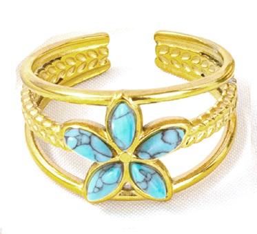 D-A6.3  R103-010G-3 S. Steel Ring Stones Flower Adjustable Turqoise