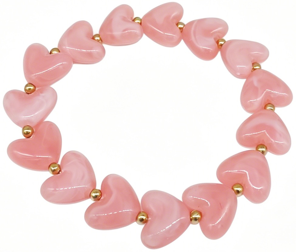 H-D20.2  B1144-006-4  Elastic Bracelet Hearts S. Steel Beads - Pink