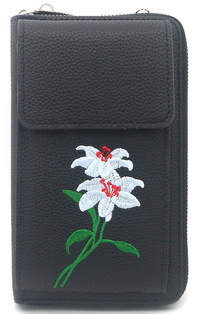 R-N8.2 BAG1113-001-1 PU Bag Embroidered Flowers 18x10.5x5cm Black