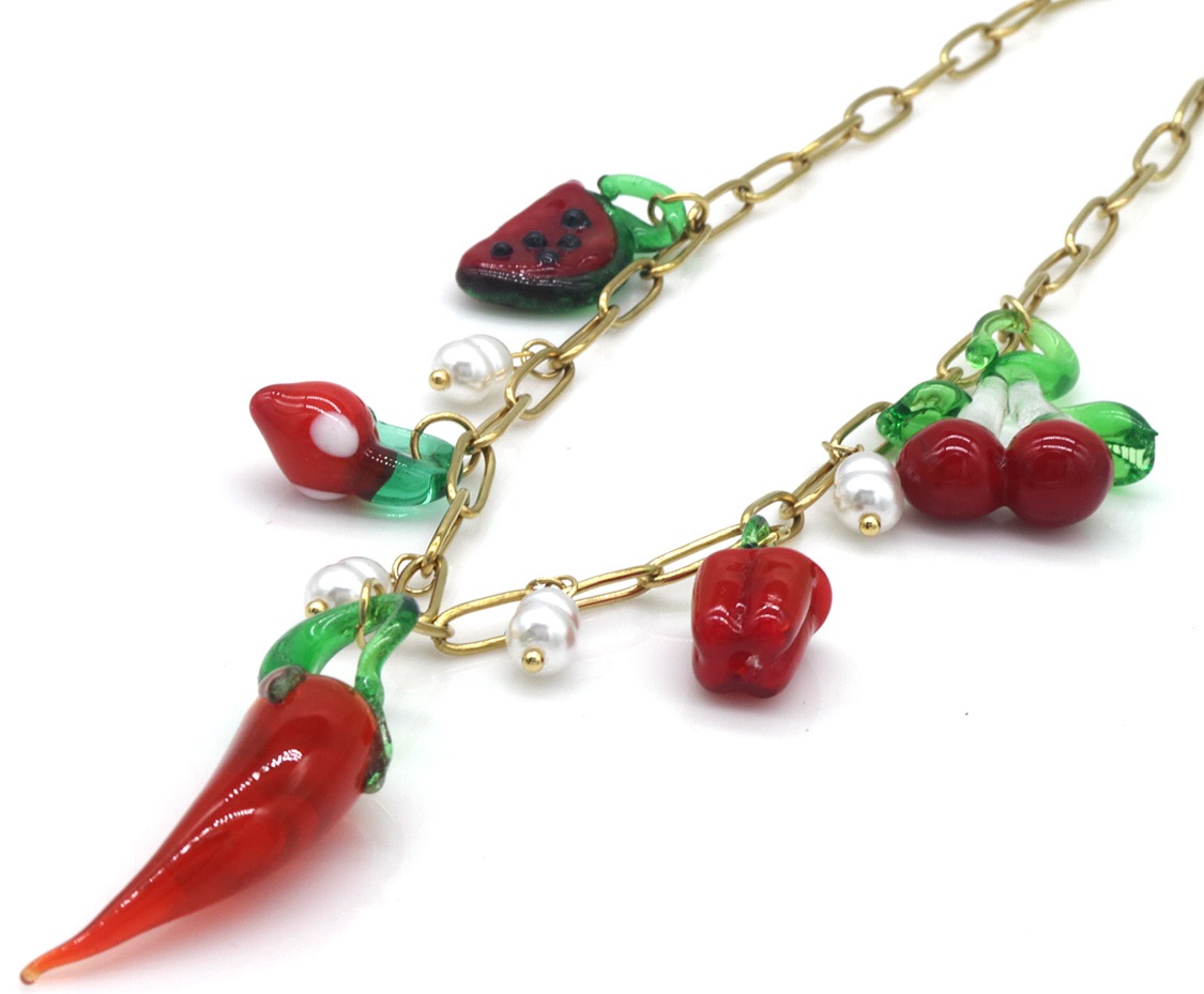 F-C15.3 N1036-012G S. Steel Necklace Glass Fruit Charms 40-45cm
