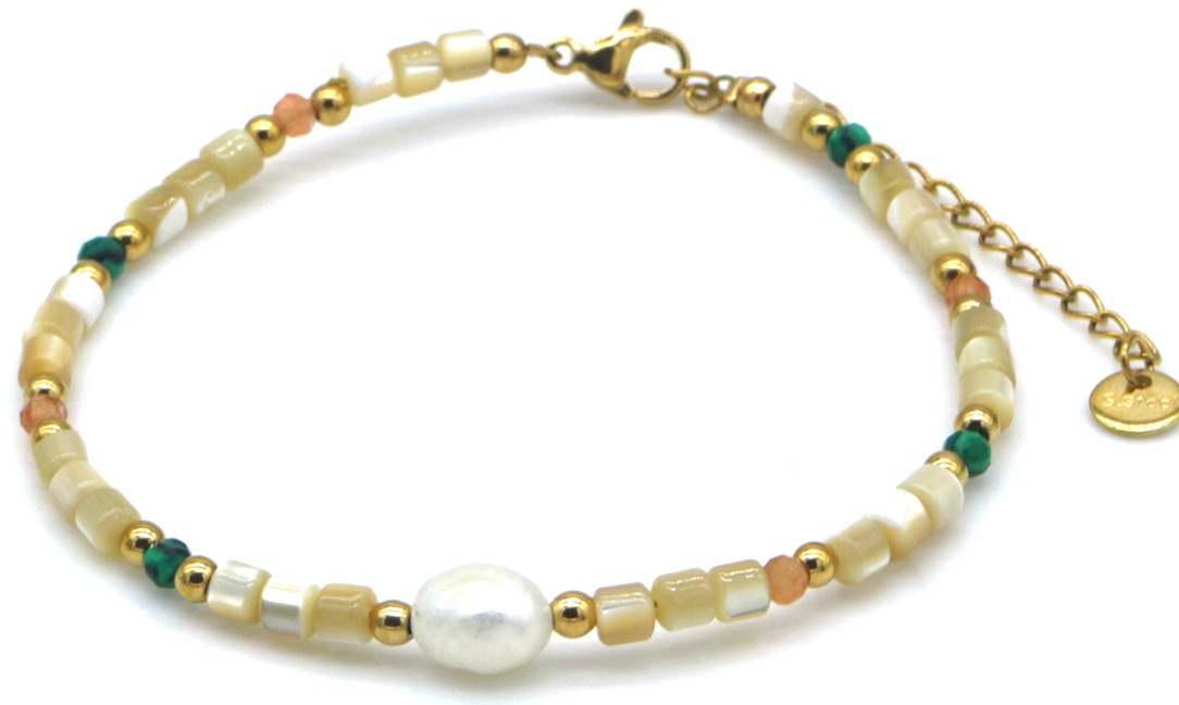 E-E18.5  B2583-028G S. Steel Bracelet Glassbeads - Stone 16-21cm