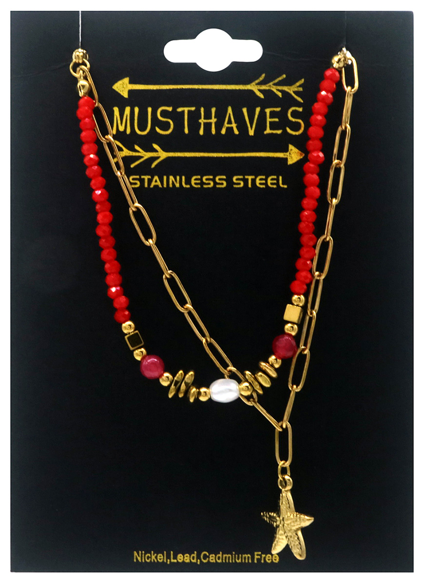 D-A18.4 B2539-033-1 S. Steel Bracelet Glassbeads Starfish Red
