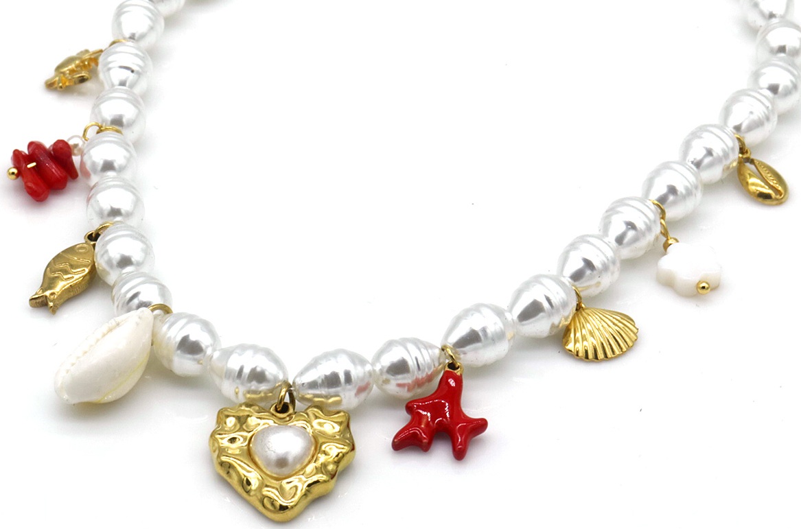I-D23.1 N1036-004 Pearl Necklace S. Steel Charms Sealife 40-45cm
