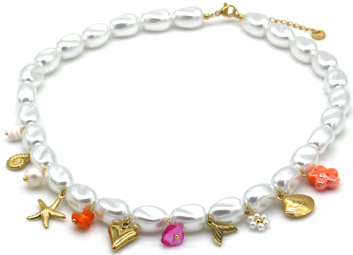 H-A24.2 N1036-005 Pearl Necklace S. Steel Charms Sealife 40-45cm