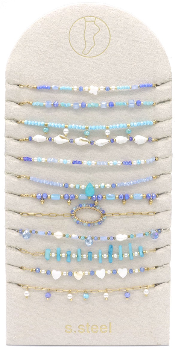 S-I3.4  ANK221-132-2 S. Steel Anklet Set on Display 12pcs - Blue