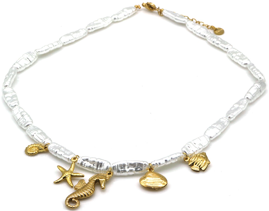 F-F2.3 N1036-003 Pearl Necklace S. Steel Charms Sealife 40-45cm