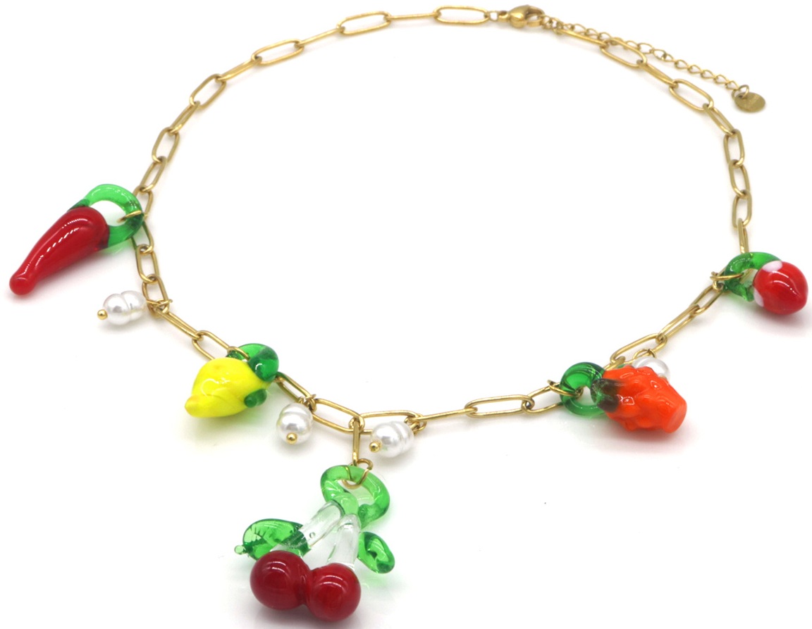 F-D2.1 N1036-013G S. Steel Necklace Glass Fruit Charms 40-45cm